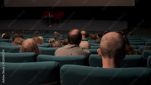 Audience in conference presentation hall. Empty stage, anticipation. Film events premiere. People sit cinema watching at screen. Many spectators dark hall. Back rear view. Evening leisure. Green seats