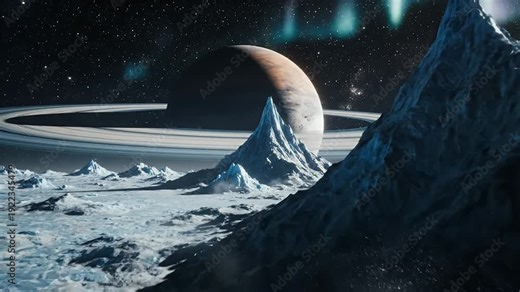 A frozen alien world featuring towering ice peaks beneath luminous planetary rings and a starlit sky