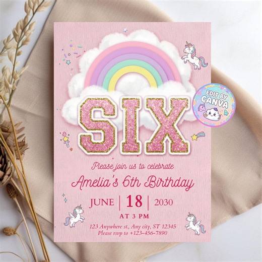 Unicorn Birthday Invitation Editable Canva Template, Rainbow Unicorn Party Invite for Girls, Printable Kids Birthday Card, Digital Download - Etsy