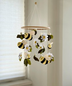 Baby Mobile With Bees, Daisies, Pink Woolen Balls and Leaves – Nursery Crib Decor - Etsy