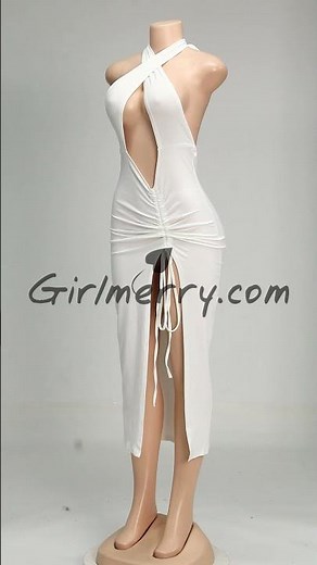Night club style deep v open back drawstring high split midi dress B23580