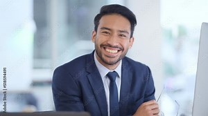 Financial trader typing on a computer, feeling proud after completing stock trade or hedge fund investment. Portrait of confident finance advisor analyzing profit or loss data on technology