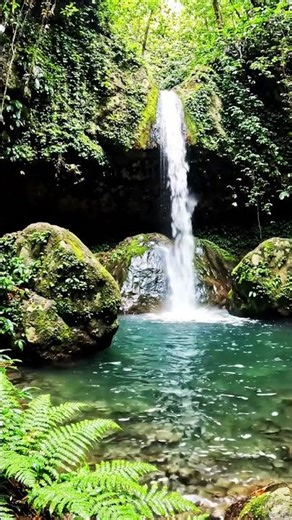 waterfall flowing into emerald pool surrounded by rocks and greenery