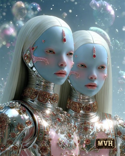 WhisperOfStatic | Daughters of the Luminous Code In a realm where stardust drifts like forgotten dreams and iridescent bubbles float through a quiet cosmic... | Instagram