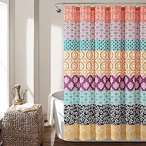 Lush Decor Bohemian Stripe Shower Curtain, 72" W x 72" L, Fuchsia & Orange - Bathroom Curtain - Striped Shower Curtain - Boho Decor - Fabric Shower Curtains