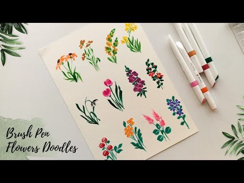 How to paint flowers with brush pens. Easy brush pen flower painting. Flower doodles.