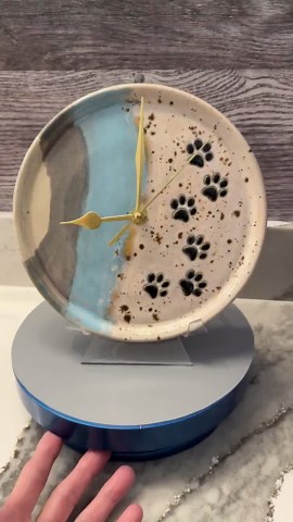 Handmade Ceramic Wall /Shelf Clock with Paw Prints on a Coastal Theme Glaze 8" Round