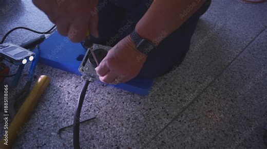 large hands assemble a high voltage electrical box for an electric vehicle EV charging station at home