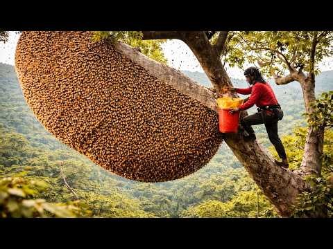 Massive Human - Sized Honeycomb – Climbing a 200m Tree to Harvest Honey – Harvesting Wild Honey