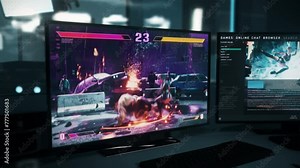 Achieving the victory of the modern simulator played on the pc gaming screen. Victory screen after the round of the multiplayer pc game. Animation of the Victory screen in the digital pc challenge.