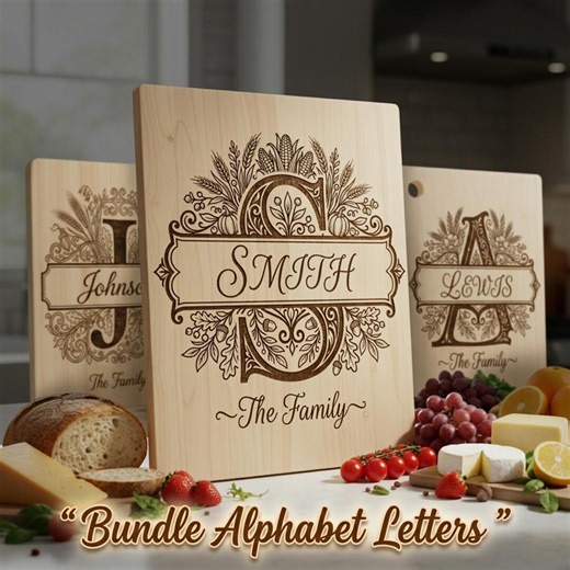 Family Monogram Svg, Custom Surname Banner for Engraving, Botanical Alphabet Files for Cutting Boards and Personalized Gifts - Etsy
