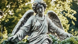 Beautiful marble statue of a female angel in the background. Cinematic. Zoom in. Close-up. Graveyard, Christianity, guardian angel, grace themes.
