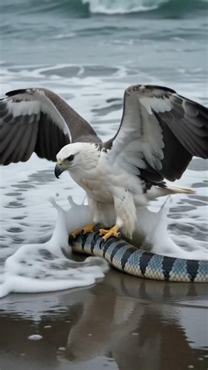 Majestic Sea Eagle Hunts Venomous Sea Snake on Tropical Beach in Epic Predator Battle