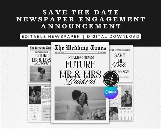 Newspaper Engagement Announcement Template, Editable Save the Date, Wedding Printable, Future Mr and Mrs, Canva Template Design - Etsy