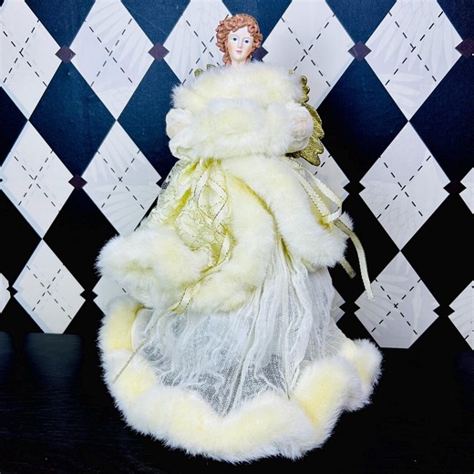 Tall Angel Christmas Tree Topper| Porcelain Face, Fur Lace Gown, Vintage 14” Victorian Gown