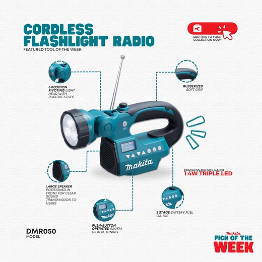 6K views · 41 reactions | Makita’s Pick of the Week: Shedding light on emergencies like a boss! The Makita Cordless Flashlight Radio DMR050 is an absolute game-changer during power interruptions and emergency situations. Whether it's a storm, blackout, or any unexpected situation, this versatile tool has got your back. Stay informed and stay prepared with Makita. #MakitaPhilippines #MakitaEmergencyEssentials | Makita Tools Philippines | Facebook