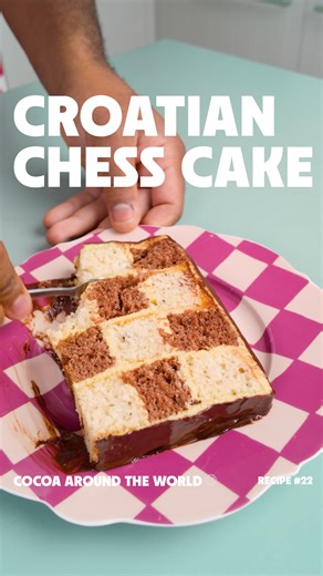 🇭🇷 Episode 22: Croatia — home of stunning coastlines, unbeatable hospitality, and unbeatable desserts 💪 Say bok 👋 to Šahovnica, the Croatian Chess Cake. Seven delicate layers of cocoa pastry and glossy chocolate cream, perfectly stacked like the tiles of Zagreb’s streets. ♟ As rich as Dalmatian sunsets and as layered as Croatian history itself 🌅 Recipe below!! Ingredients Batter 2 egg yolks 250 g sugar 1 packet (10–12 g) baking powder 250 g all-purpose flour 150 ml sunflower oil 150 ml wate