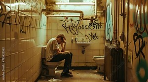man contemplating sitting on the toilet