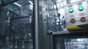 Factory worker presses the button on the control point and starts conveyor of production line, first person view. Clip. Computer controlled production line. Modern food factory. Automated conveyor