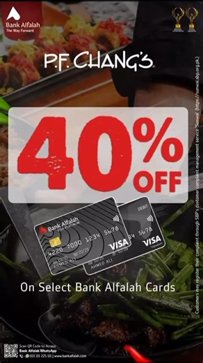 Bank Alfalah on Instagram: "Bank Alfalah brings bigger discounts with Mighty 2.0! Enjoy a flat 40% OFF at P.F Chang’s with select Bank Alfalah Cards. For more details, please visit: https://bit.ly/49jOgCp or call 021 111-225-111 for further assistance. To apply for your Alfalah Platinum Credit Card click now https://rapid.bankalfalah.com/alfalahrapidprod/Credit_Card_Request.aspx?cardld=1 Terms & Conditions Apply If you have any suggestions or complaints, please reach out to us via: Phone Banking