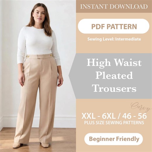 Plus Size Sewing Pattern for Women, Wide Leg Pants Pattern, High Waist Pleated Trousers PDF Size 46-56 - Etsy