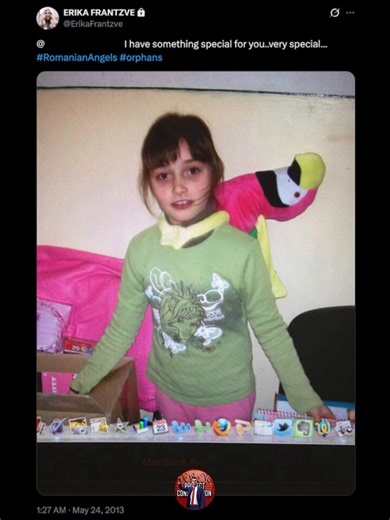 🚨 BREAKING: We FOUND the Romanian Orphan Girl Erika Kirk (Frantzve) Posted in 2013… Then Suspiciously DELETED 👀Back in May 2013, influencer Erika Frantzve (now Kirk) posted this heartbreaking photo on Instagram:A little Romanian girl, maybe 6-8 years old, standing in what looks like an orphanage room. Green shirt, pink pants, a stuffed pink parrot on her shoulder, cardboard box in front of her. Caption: “I have something special for you… very special…” The post blew up… and then it vanished. D