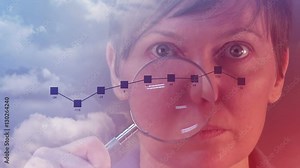 Predicting business results by infographics data analysis with businesswoman using magnifying glass to analyze company performance results and statistical information charts and diagrams Stock Video