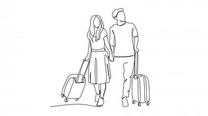 linear drawing of a married couple with bags