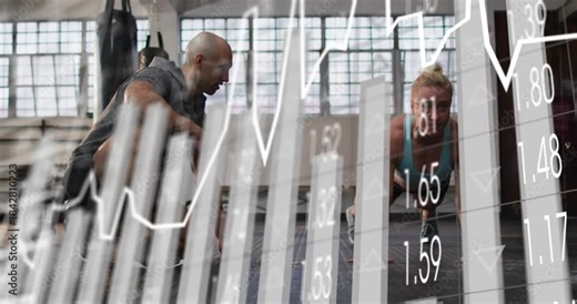 Coach kneeling pointing to marker in gym, client doing push-ups, animated charts tracking fitness