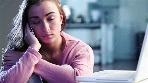 Phone call, sad and talking with woman in home for breakup, communication and blocked message. Frustrated, grief and cyber bully voice voicemail with person with depression in apartment for worry