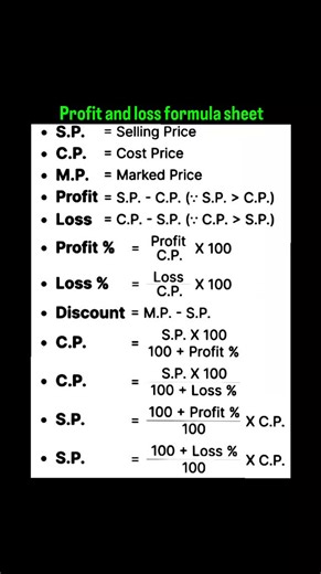 Profit and loss formula sheet... #mathsformulas #profitandloss #examtricks #studygram #formulahub #mathstricks @mathswalaamitsir | mathswalaamitsir