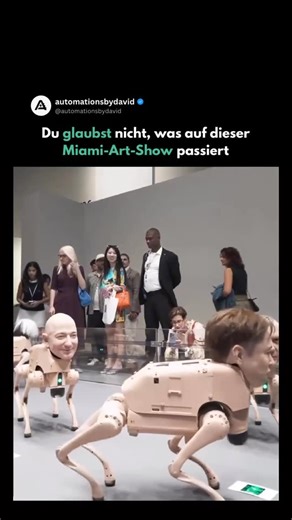 David | KI & Automation Systeme on Instagram: "⤵️ Beeples neue Installation in Miami zeigt Roboterhunde, die realistische Masken von Tech-Milliardären wie Elon Musk, Mark Zuckerberg und Jeff Bezos tragen. Sie laufen durch den Raum, fotografieren die Besucher und lassen anschließend ausgedruckte Bilder fallen, die zu NFTs führen. Viele Besucher sagen, die Mischung aus menschlichen Gesichtern, robotischen Körpern und der Art, wie die Ausdrucke herauskommen, wirke extrem verstörend. Das Werk heißt