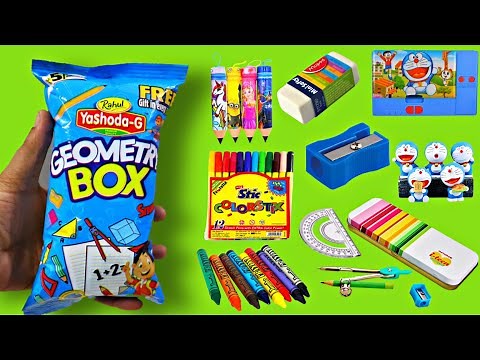 Geomatry Box Snacks Mein Nikle Doraemon Eraser, Spiderman sharpner, Multicolour Pen, Lipstick Eraser