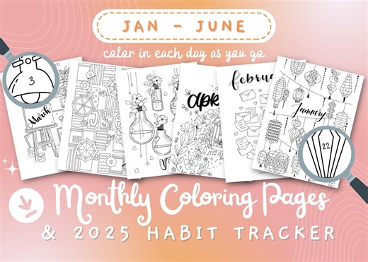 6 Month Coloring Pages & Habit Tracker: January-june 2025 (printable PDF) - Etsy