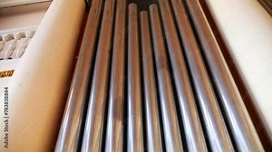 Ornate pipe organ filling a grand church with music. Towering pipes creating a majestic backdrop in a church. Intricate design of a colossal church pipe organ. Impressive pipe organ commanding attenti Stock Video