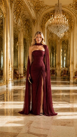 Burgundy One-Shoulder Cape Maxi Dress | Wedding Guest Look