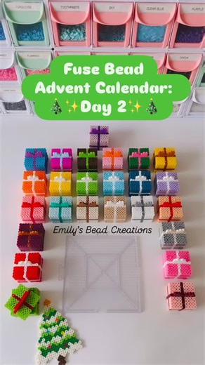 Emily | Perler bead crafts on Instagram: "🗓️ Day 2 of our fuse bead advent calendar is here! Every gift box has a mystery pattern inside. Follow to see what’s in each one as the days go by. 👀 Day 1 had a snowy Christmas tree. 🎄 Day 2 has… a cute gingerbread cottage! 🏠 Download the pattern for FREE from my Gumroad shop. A little gift from me to you this holiday season. 🎁 Your downloads and reviews make a huge difference to my small business! ❤️💚 #fusebead #adventcalendar #fusebeads #perlerb