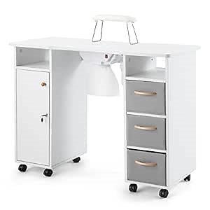 Artist Hand Manicure Table, Nail Beauty Manicure Desk, Folding Nail Tech Table Station with Electric Downdraft Vent, Wrist Cushion, Lockable Wheels, Storage Drawers, Wooden Handle, White