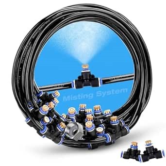 H&G lifestyles Patio Mister, Outddor Misters for Outside Patio,Water Misters for Cooling,75FT Misting System for Green House,25 Brass Mister Nozzles,Fits 3/4" GHT Garden Hose,for Backyard Trampoline