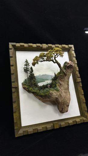 Dylan Hannah on Instagram: "3D Landscape Wood Base Diorama, Enjoyed putting this piece together bringing landscape paintings into the mix and some degree of forced perspective with the mini trees I’ve tried merging into the background. Go out and find your wood, there’s tons of it out in nature. Check out the range of plants I manufacture in the link in bio. Cheers :) 👍 #3dartwork #landscapediorama #diorama #miniplants #handcrafted #uniqueart #art #modelbase #miniworld #newart #missionac