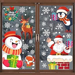 CCINEE Christmas Window Clings, 4 Sheets Large Window Stickers Snowman Santa Fox Elk Windows Cling for Xmas Party Decorations
