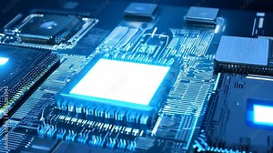 Board Glowing Microchips Close-up Processors Circuit View computing connection connectivity detailed integrated network system innovation tech electronic silicon datum power component computer semico