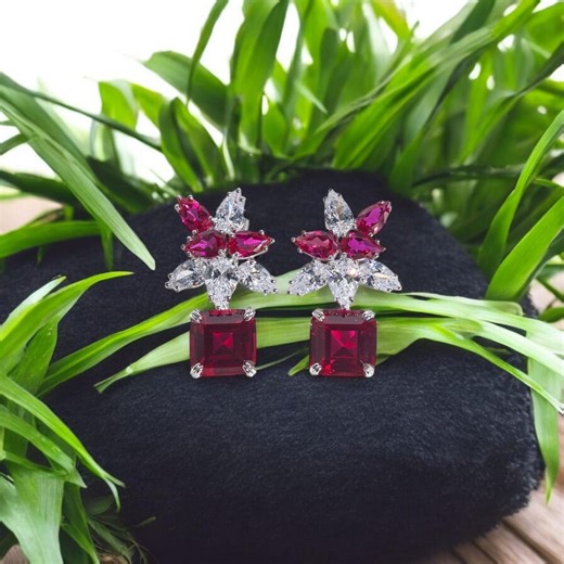 Square Cut Ruby Drop Earrings | Floral Cluster Design, July Birthstone Jewelry - Etsy