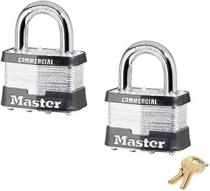 Master Lock Padlock - 2" W Body x 1" L Shackle, Two (2) Keyed Alike Locks w/4 Keys, 5 NKA-2 w/Bump Stop Technology