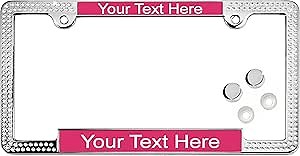Bling, Rhinestones - Personalized with Custom Text Design Laser Engraved Standard Size - Car Chrome Metal License Plate Frame with Clear Crystals & Free caps - Pink/White (Qty: 1 Frame)