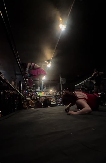 A chaotic sequence as Big Daddy Mo catches @Ultraviolence on a crossbody attempt while @Erza Menagerie Tinker awaits both of them with a drop kick #omega9 #primos #womenswrestling #caught #dropkick