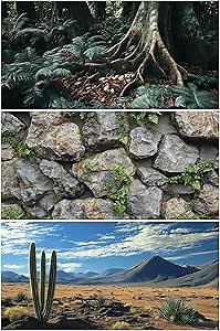 3 PCS Terrarium Background, 36x18 inch Polyester Reptile Backgrounds | Cloth Terrarium Background, Tropical Green Tree Fern & Gobi Desert Sunshine Cactus Rock Terrarium Background