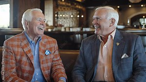 Two men laugh together while sitting in a restaurant