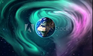 Earth in the Aurora's Embrace: A breathtaking cosmic dance as Earth takes center stage, cradled within a swirling aurora borealis, a captivating display of celestial beauty and cosmic wonder.