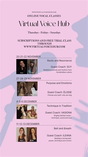 G H I J A on Instagram: "Virtual Voice Hub - online vocal classes for every level. Subscriptions now open - get your first class for free! https://www.virtualvoicehub.com Each session includes: * 10 minutes – Warm-up exercises * 10 minutes – Sound focus (breath control, sound emission, vibrato, genre exploration, etc.) * 10 minutes – pitch/rhythm focus * 10 minutes – Guided improvisation or song practice * 10 minutes – Special guest coach section * 10 minutes – Q&A and participant sharing Open t